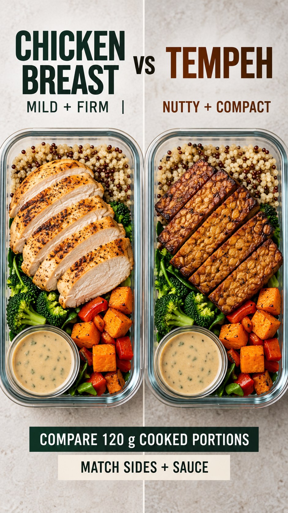 Chicken breast and tempeh in equal cooked portions with identical vegetables and grain in meal-prep boxes.