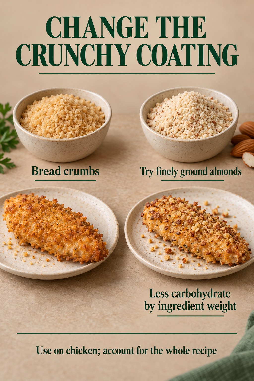 Taupe and emerald graphic compares breadcrumb and ground-almond coatings beside cooked chicken strips.