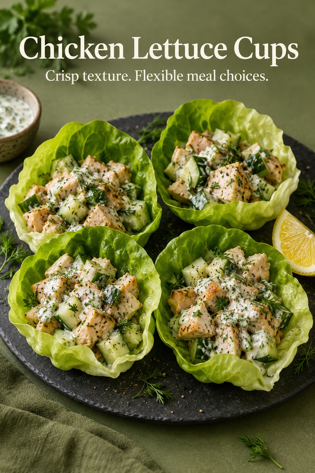 Lettuce cups holding cooked chicken, cucumber, and creamy herb dressing.