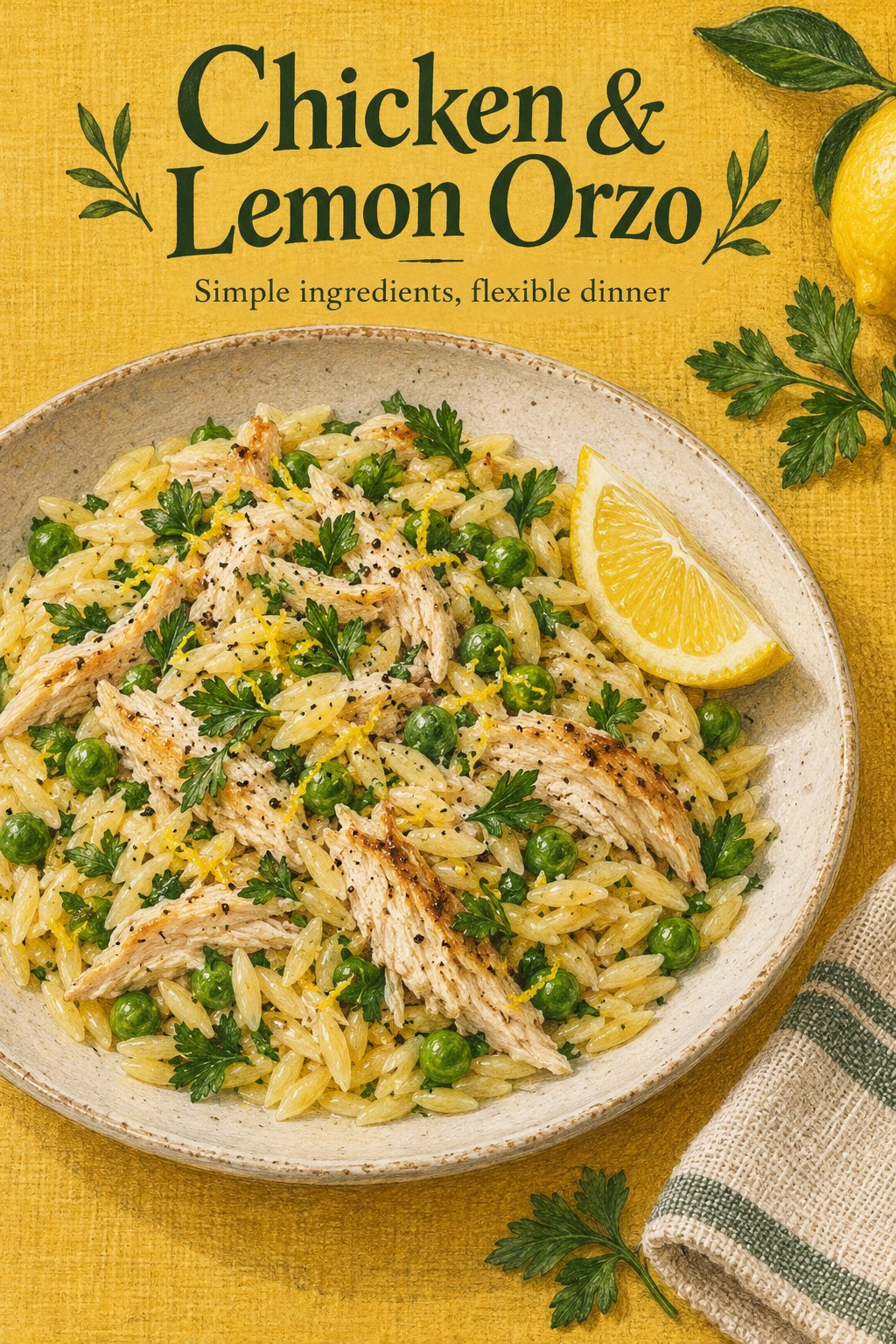 Cream ceramic plate of lemon orzo with chicken, peas and parsley
