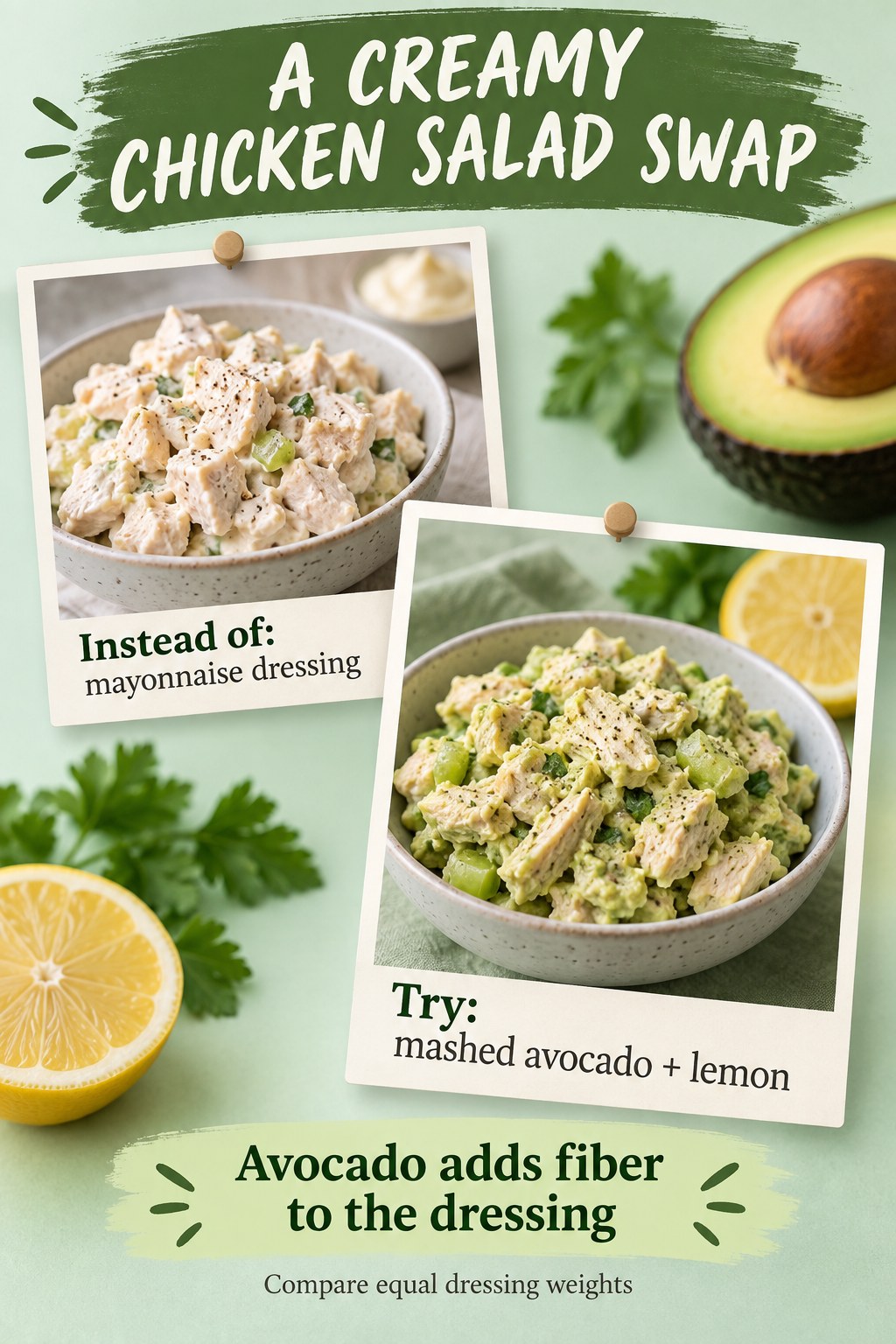 Mayonnaise chicken salad compared with green avocado-lemon chicken salad in pinned recipe photos with a fiber callout.