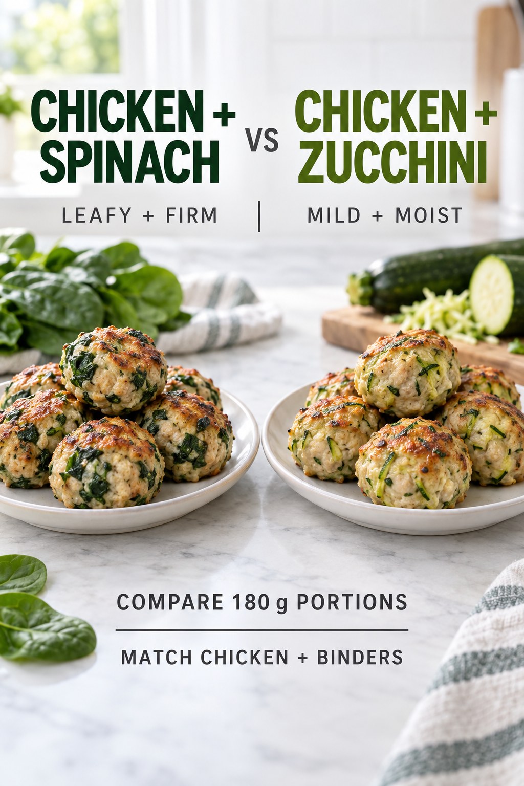 Chicken spinach meatballs and chicken zucchini meatballs in equal cooked portions with visible green vegetables.