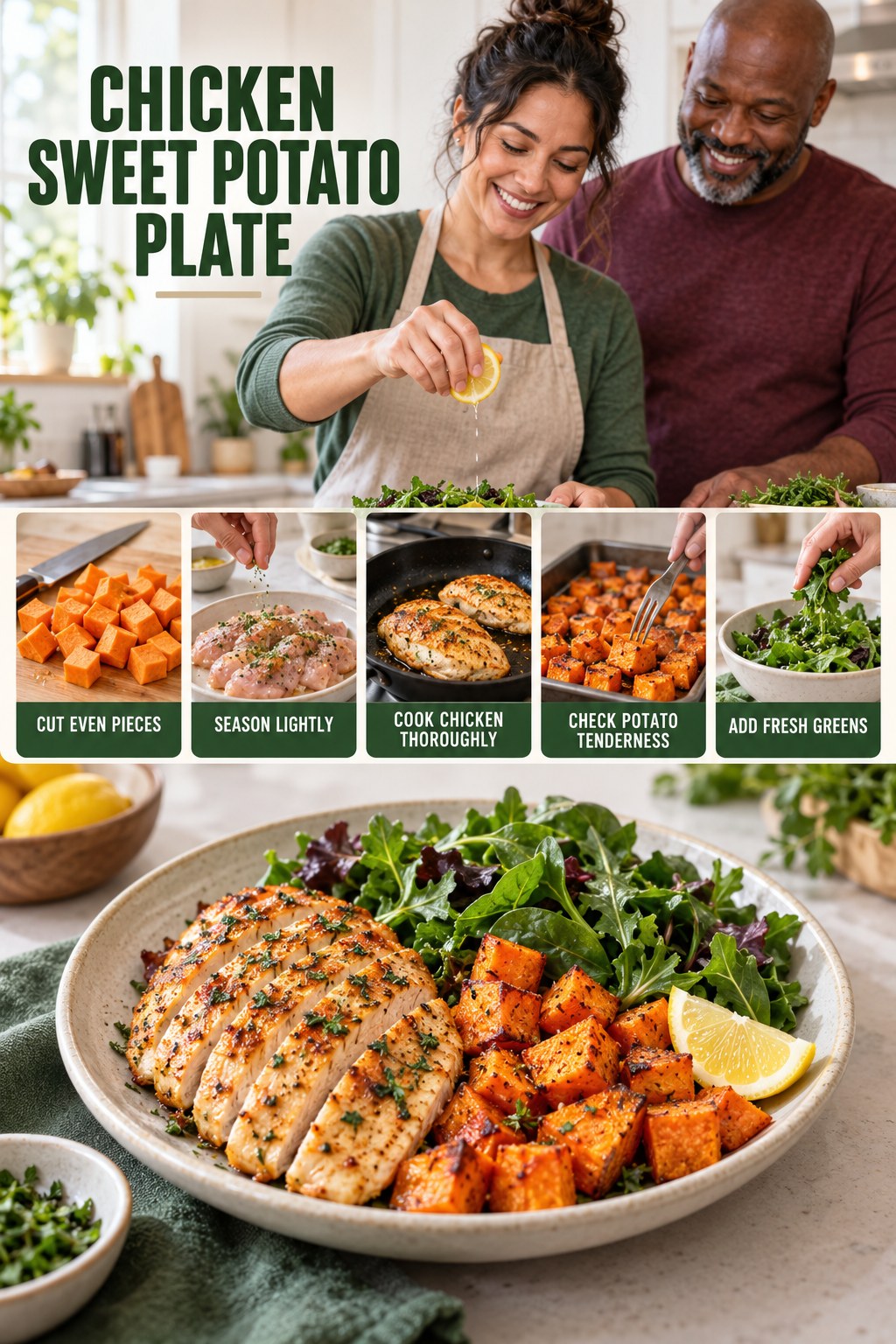 Chicken Sweet Potato Plate for Strength Training for Weight Loss with five readable preparation cues and a realistic finished dish.
