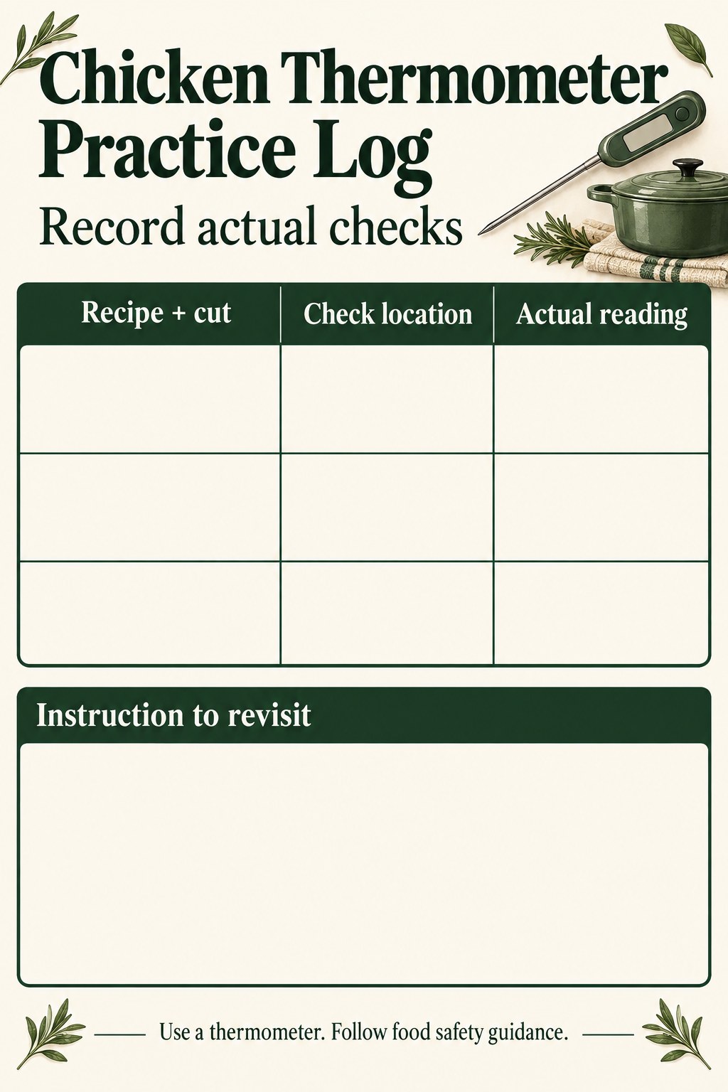 Blank chicken thermometer practice log with recipe, check location, actual reading, and instruction fields.