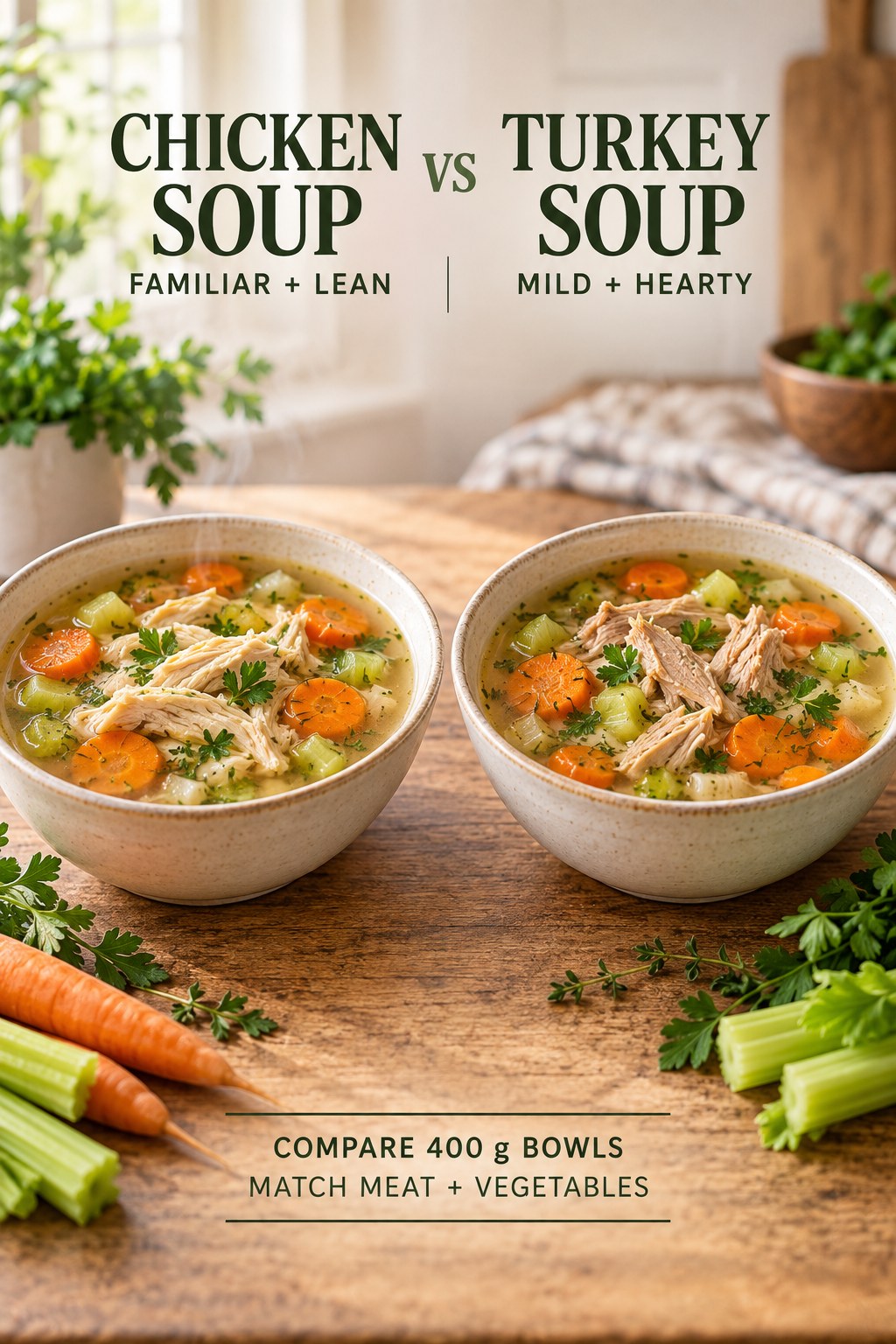 Chicken vegetable soup and turkey vegetable soup in equal bowls with matching carrots, celery, herbs, and clear broth.