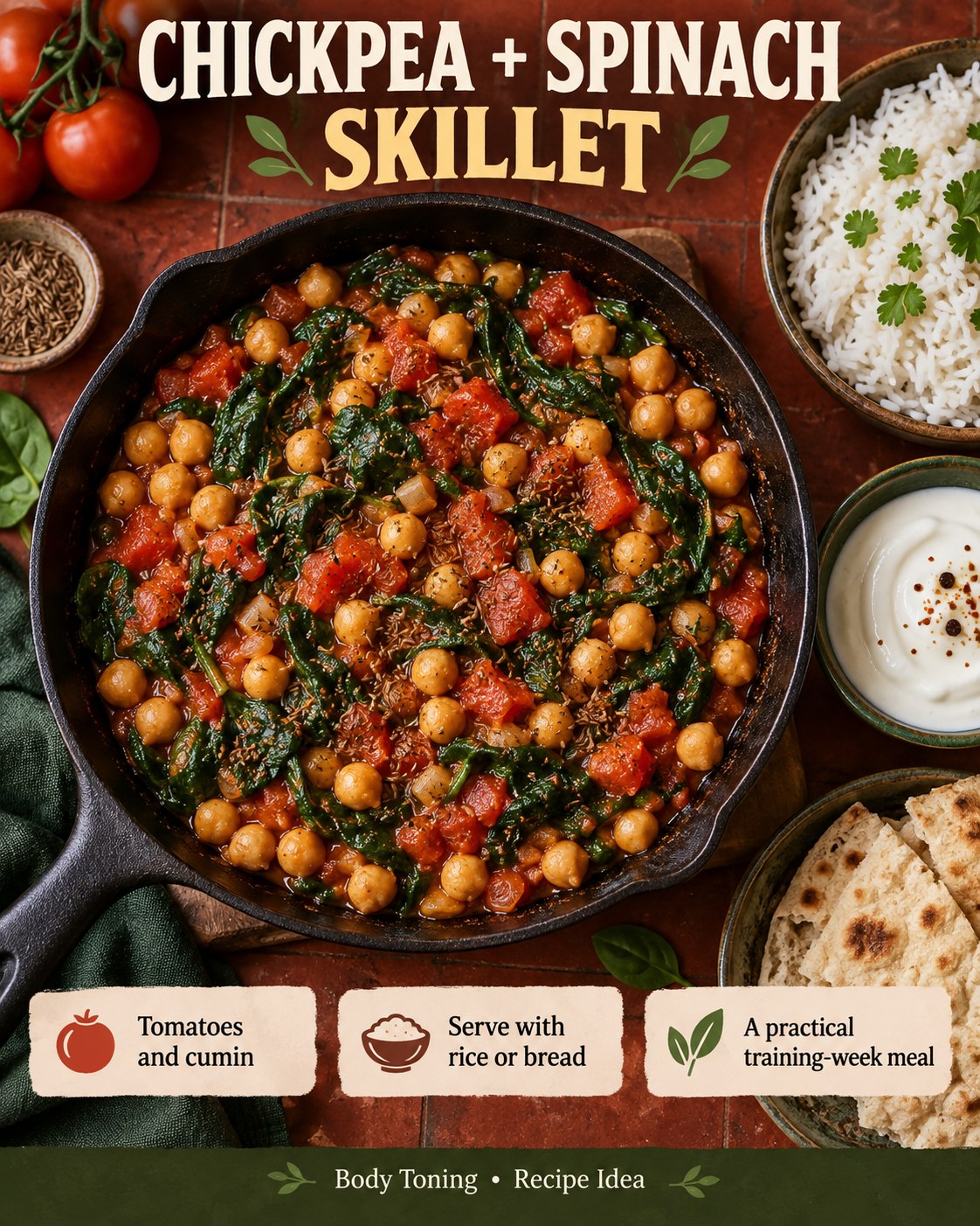 Chickpea and spinach tomato skillet served with rice and a spoonful of yogurt.