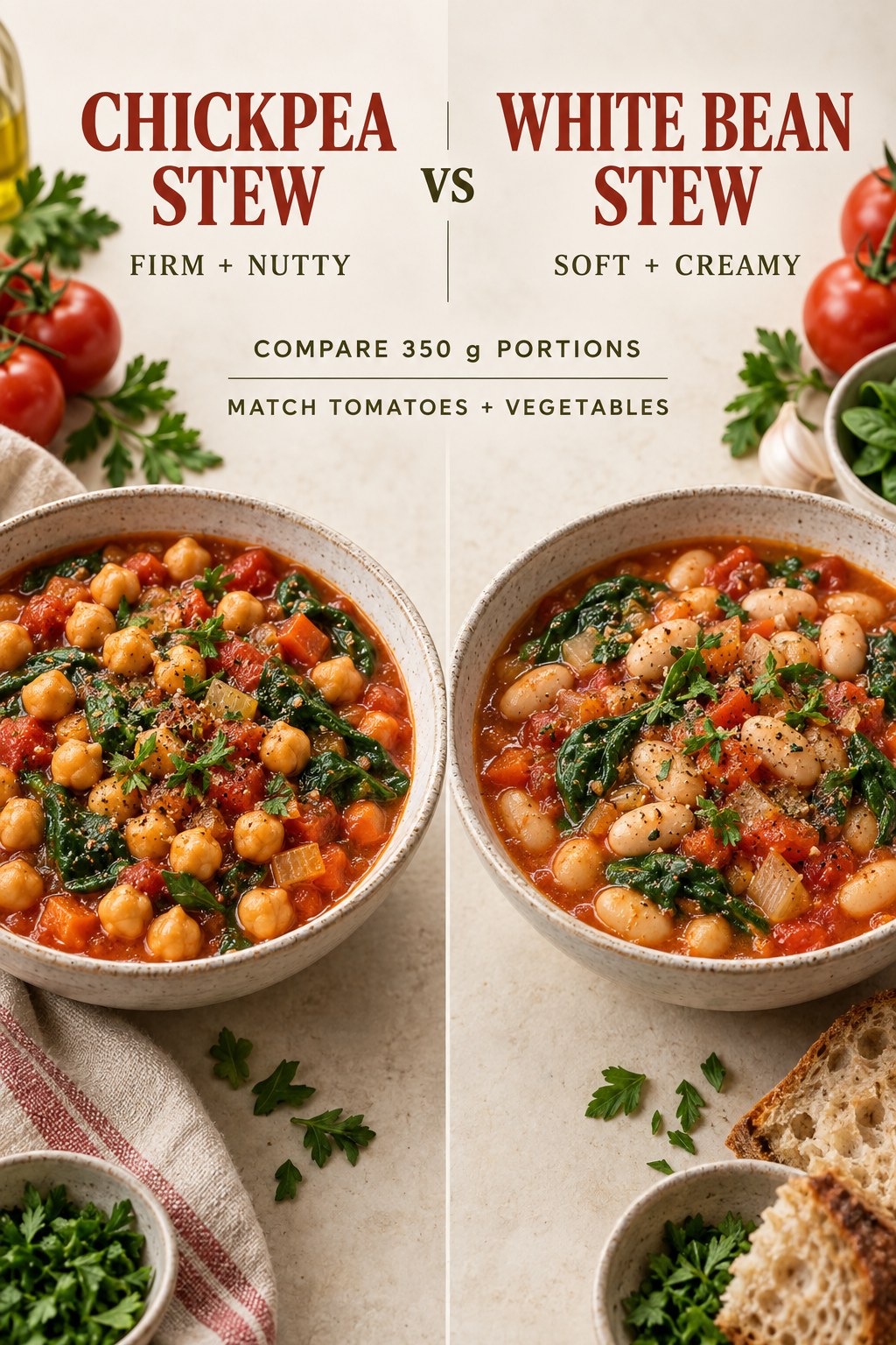 Chickpea tomato stew and white bean tomato stew in equal bowls with matching spinach, herbs, and vegetables.