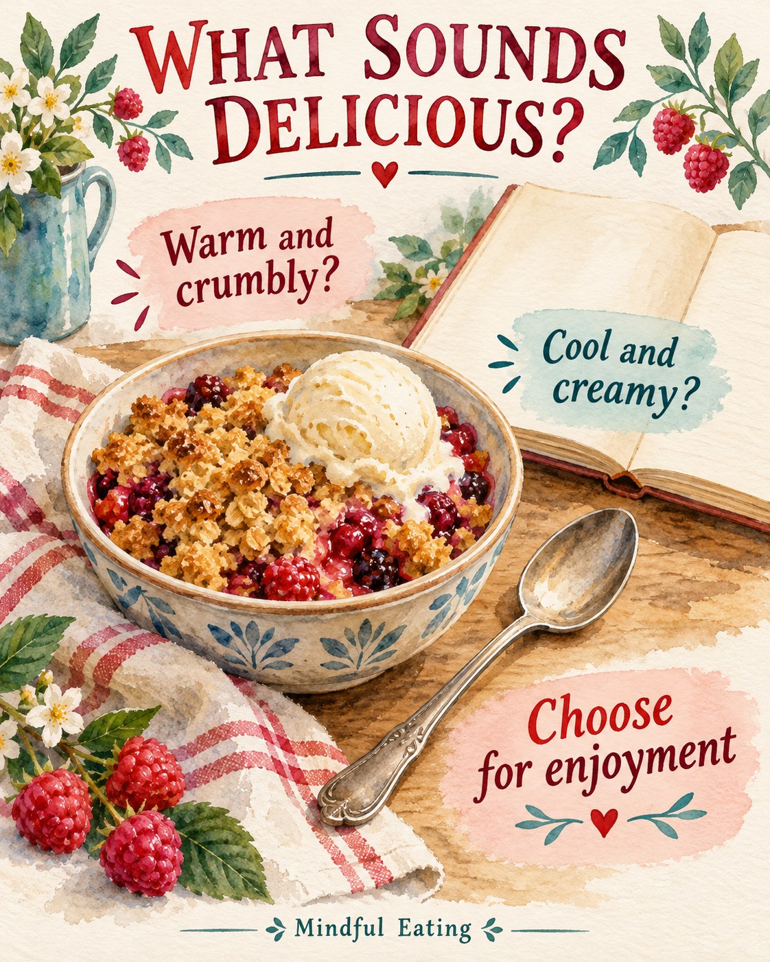 Warm fruit crumble with vanilla ice cream and visual prompts about choosing dessert texture and flavor.