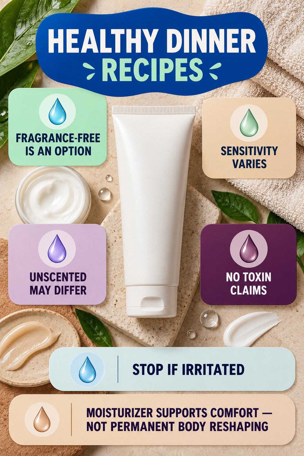 Choose Fragrance-Free Without Fear Claims body-moisturization infographic for Healthy Dinner Recipes with four body-neutral comfort actions.