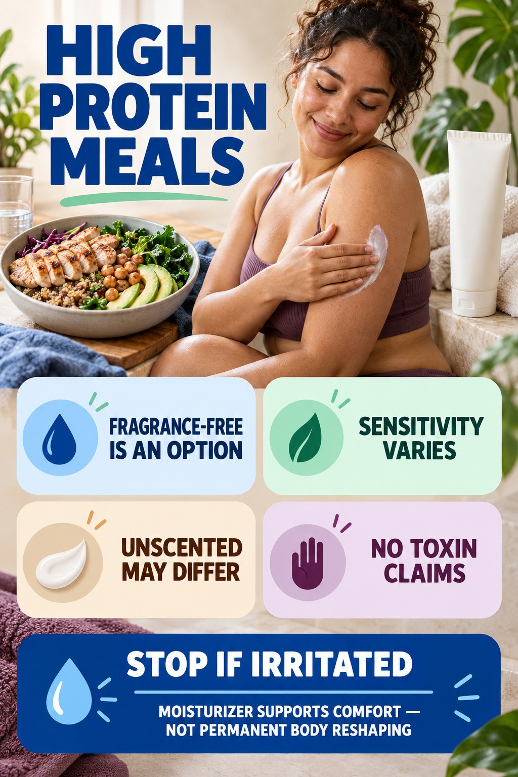 Choose Fragrance-Free Without Fear Claims body-moisturization infographic for High Protein Meals with four body-neutral comfort actions.