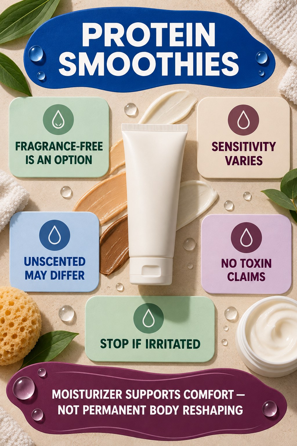 Choose Fragrance-Free Without Fear Claims body-moisturization infographic for Protein Smoothies with four body-neutral comfort actions.
