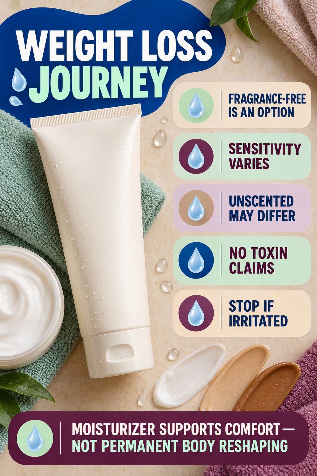 Choose Fragrance-Free Without Fear Claims body-moisturization infographic for Weight Loss Journey with four body-neutral comfort actions.