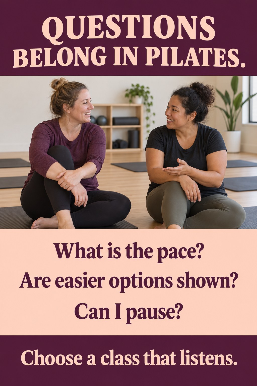 Woman and Pilates instructor talking beside two empty mats in a welcoming studio.