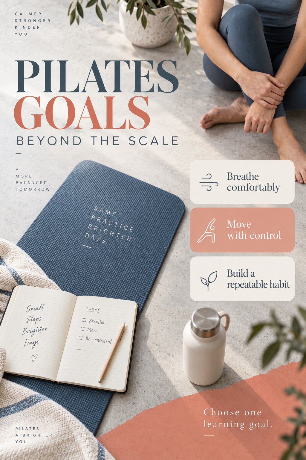A notebook beside a Pilates mat lists breathing, control, and consistency as beginner learning goals.