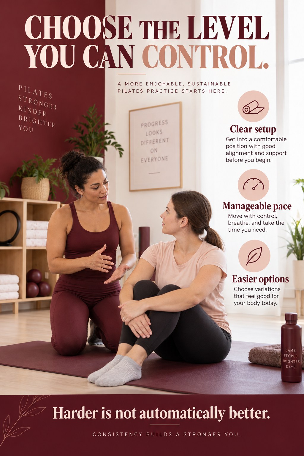 A beginner observes a Pilates instructor demonstrating an easy mat position in a bright studio.