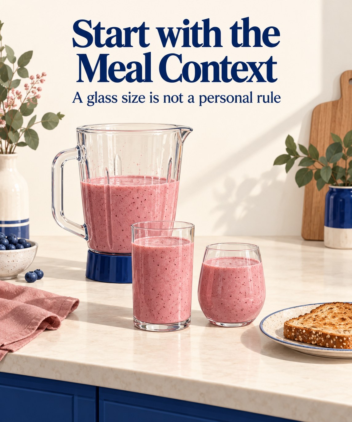 Blender pitcher and two differently shaped glasses with a smoothie serving headline.