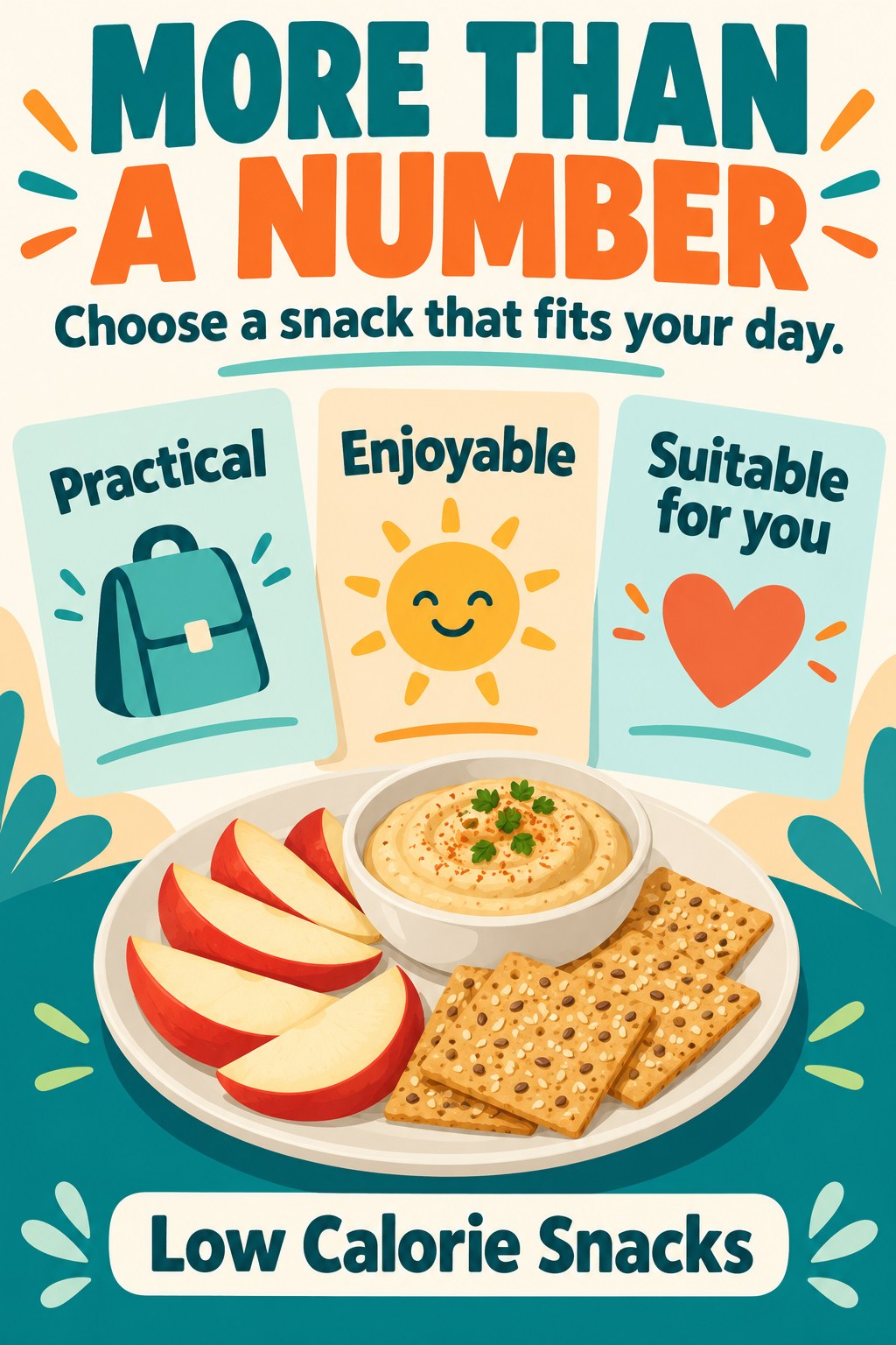 Colorful snack plate beside three large choice cards labeled Practical, Enjoyable, and Suitable for you