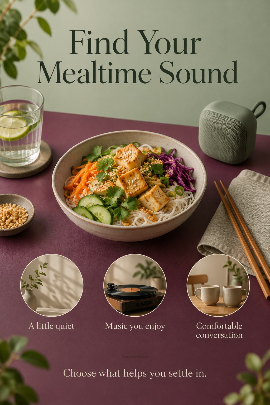 Rice noodle lunch beside a small speaker in a calm room with text about choosing comfortable meal sounds.