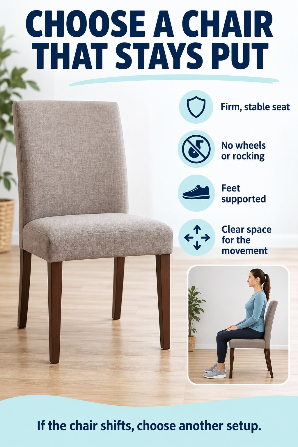 A sturdy four-legged chair appears beside a stability checklist and a seated adult with feet flat on the floor.
