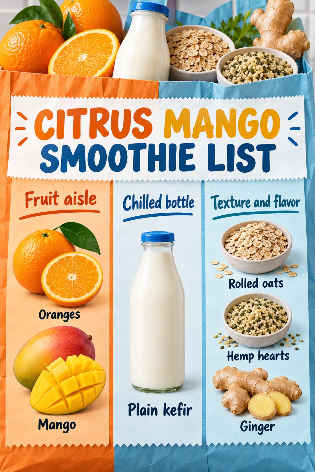 Orange and ice-blue shopping tickets listing oranges, mango, plain kefir, rolled oats, hemp hearts and ginger.