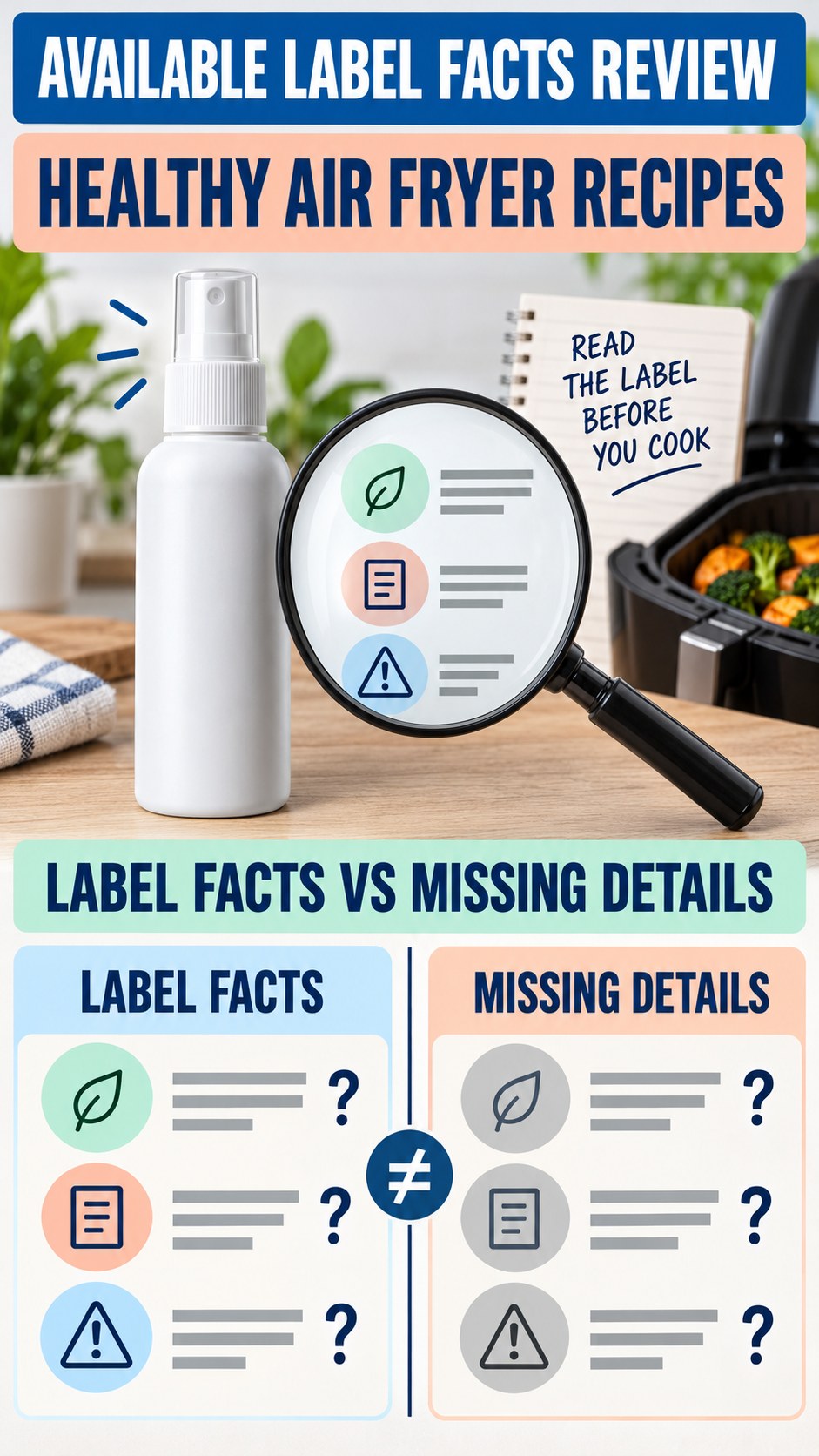 Available Label Facts Review infographic for Healthy Air Fryer Recipes, showing a generic spray-label checklist that separates available facts, missing details, and evidence questions.