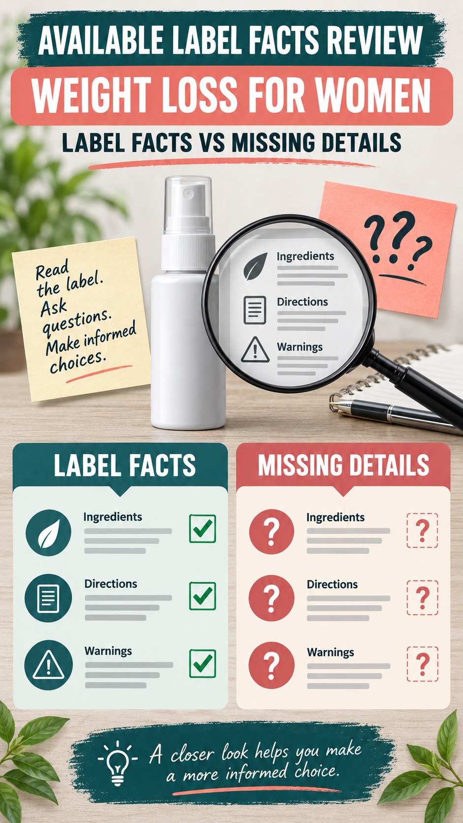 Available Label Facts Review infographic for Weight Loss for Women, showing a generic spray-label checklist that separates available facts, missing details, and evidence questions.