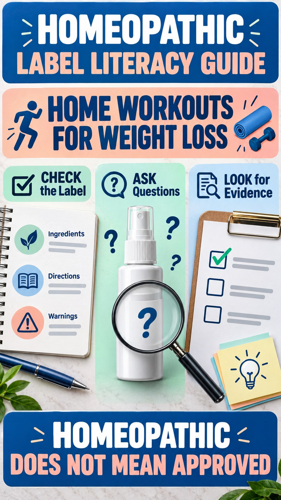 Homeopathic Label Literacy Guide infographic for Home Workouts for Weight Loss, showing a generic spray-label checklist that separates available facts, missing details, and evidence questions.