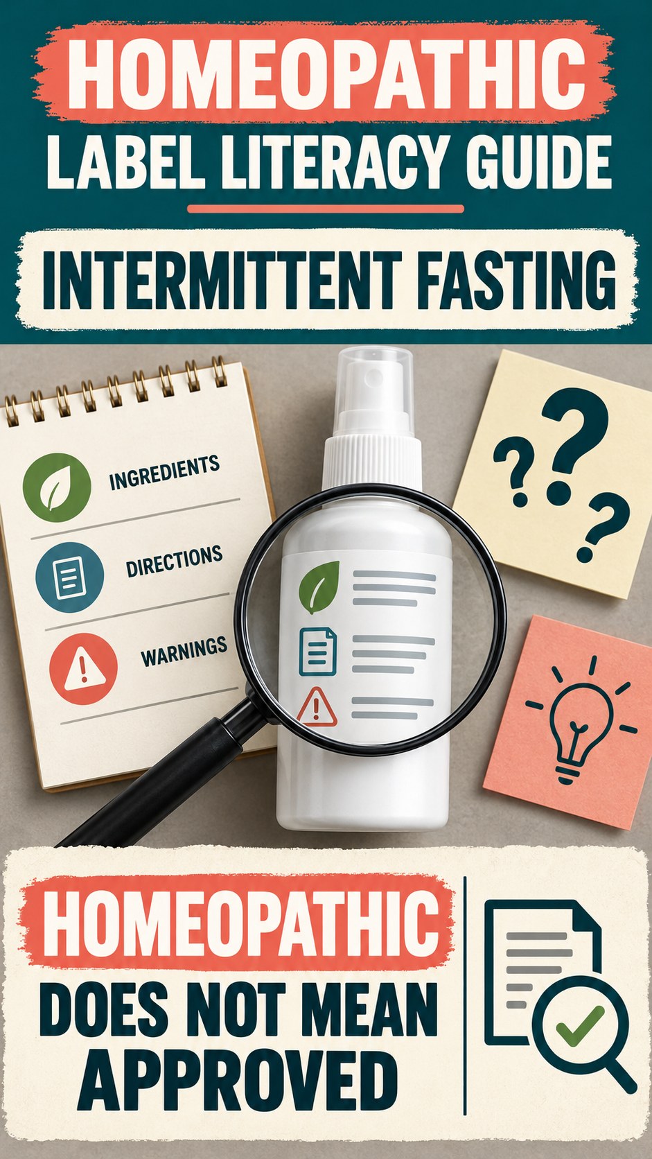 Homeopathic Label Literacy Guide infographic for Intermittent Fasting, showing a generic spray-label checklist that separates available facts, missing details, and evidence questions.