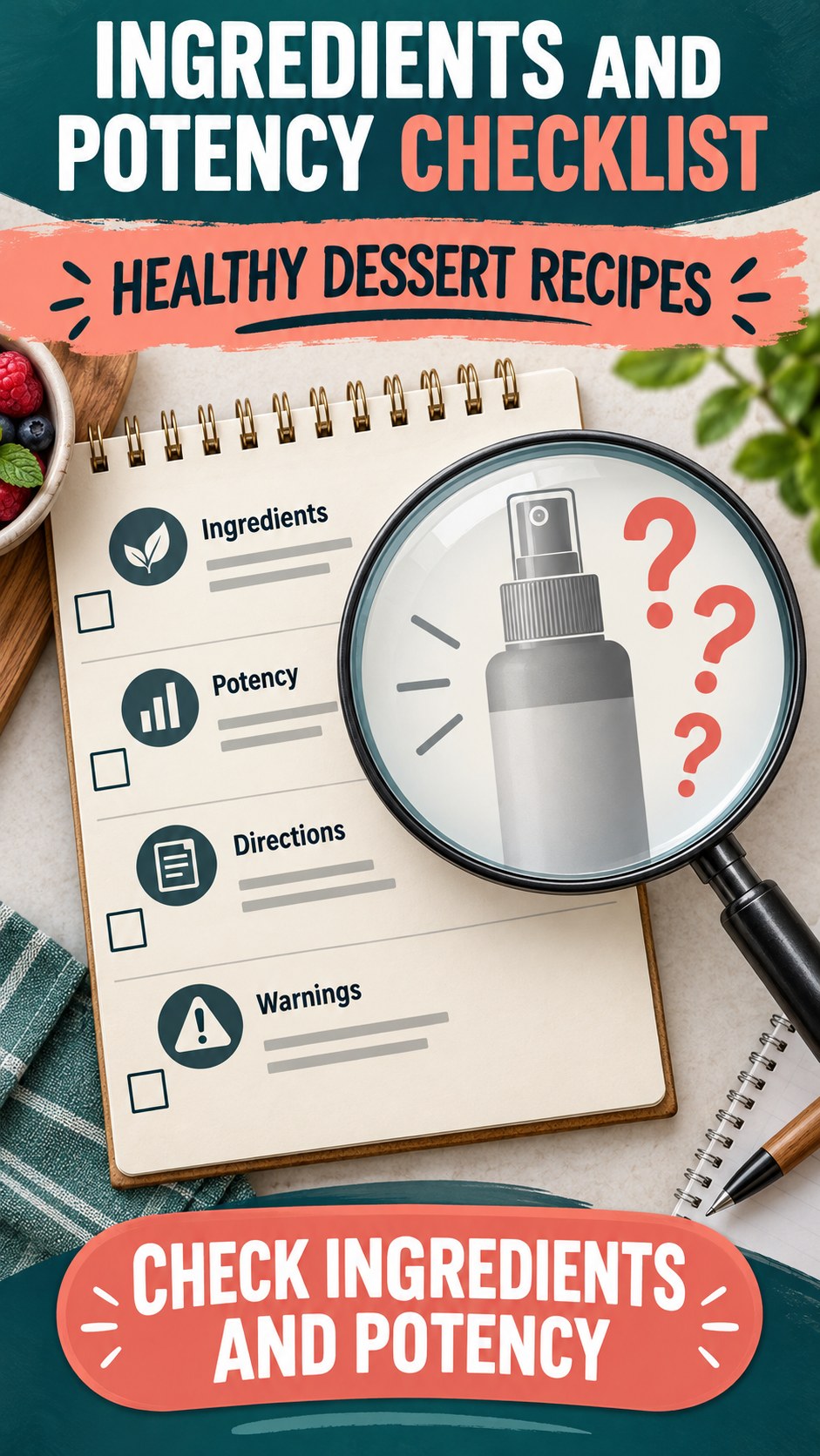 Ingredients and Potency Checklist infographic for Healthy Dessert Recipes, showing a generic spray-label checklist that separates available facts, missing details, and evidence questions.