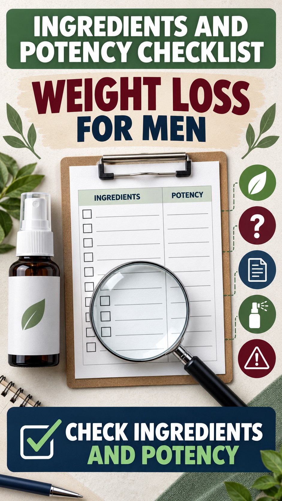 Ingredients and Potency Checklist infographic for Weight Loss for Men, showing a generic spray-label checklist that separates available facts, missing details, and evidence questions.