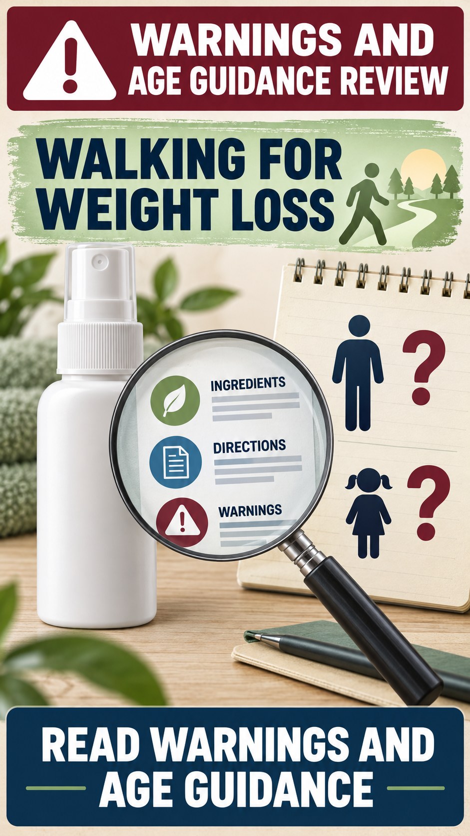 Warnings and Age Guidance Review infographic for Walking for Weight Loss, showing a generic spray-label checklist that separates available facts, missing details, and evidence questions.