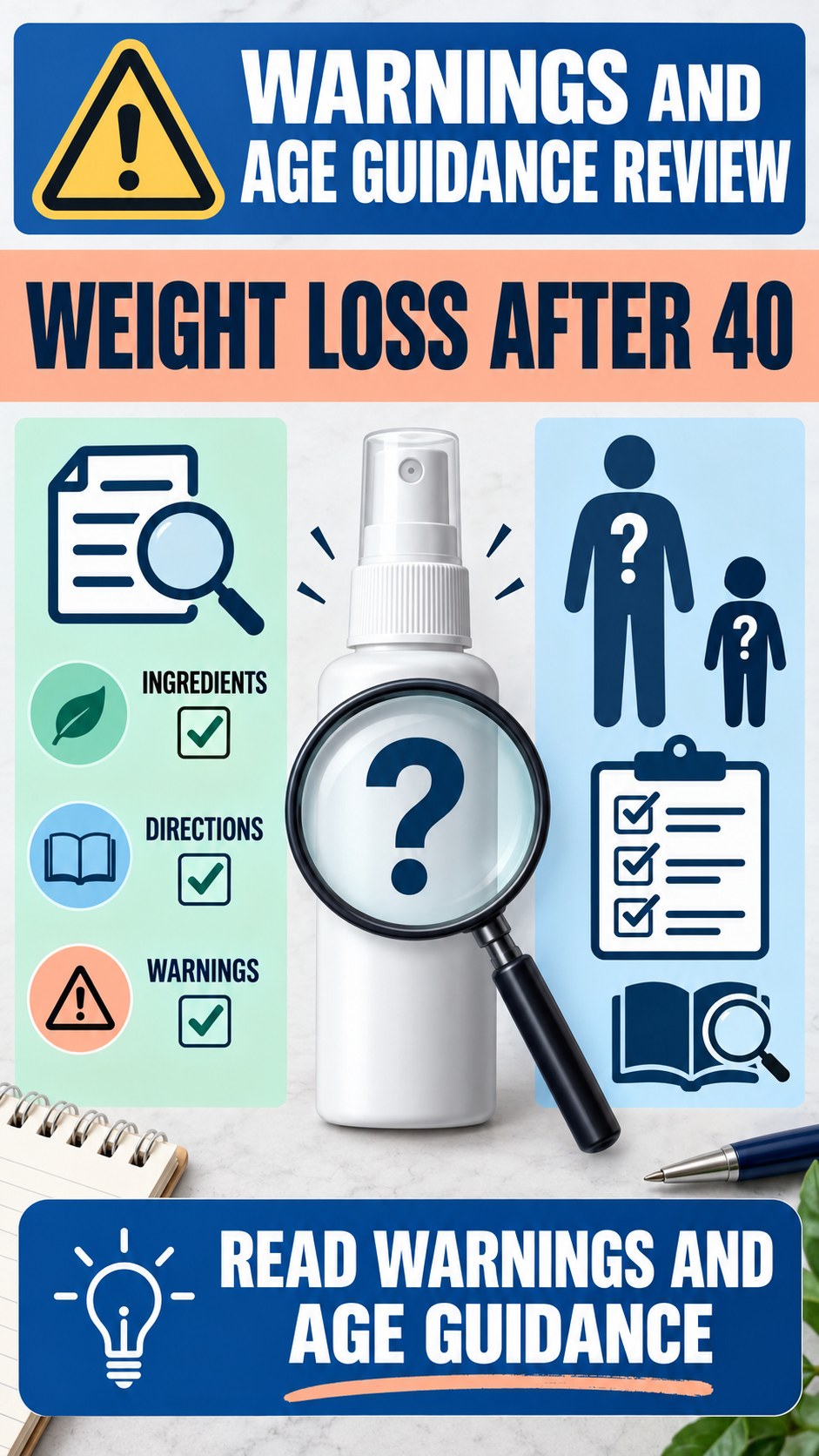 Warnings and Age Guidance Review infographic for Weight Loss After 40, showing a generic spray-label checklist that separates available facts, missing details, and evidence questions.