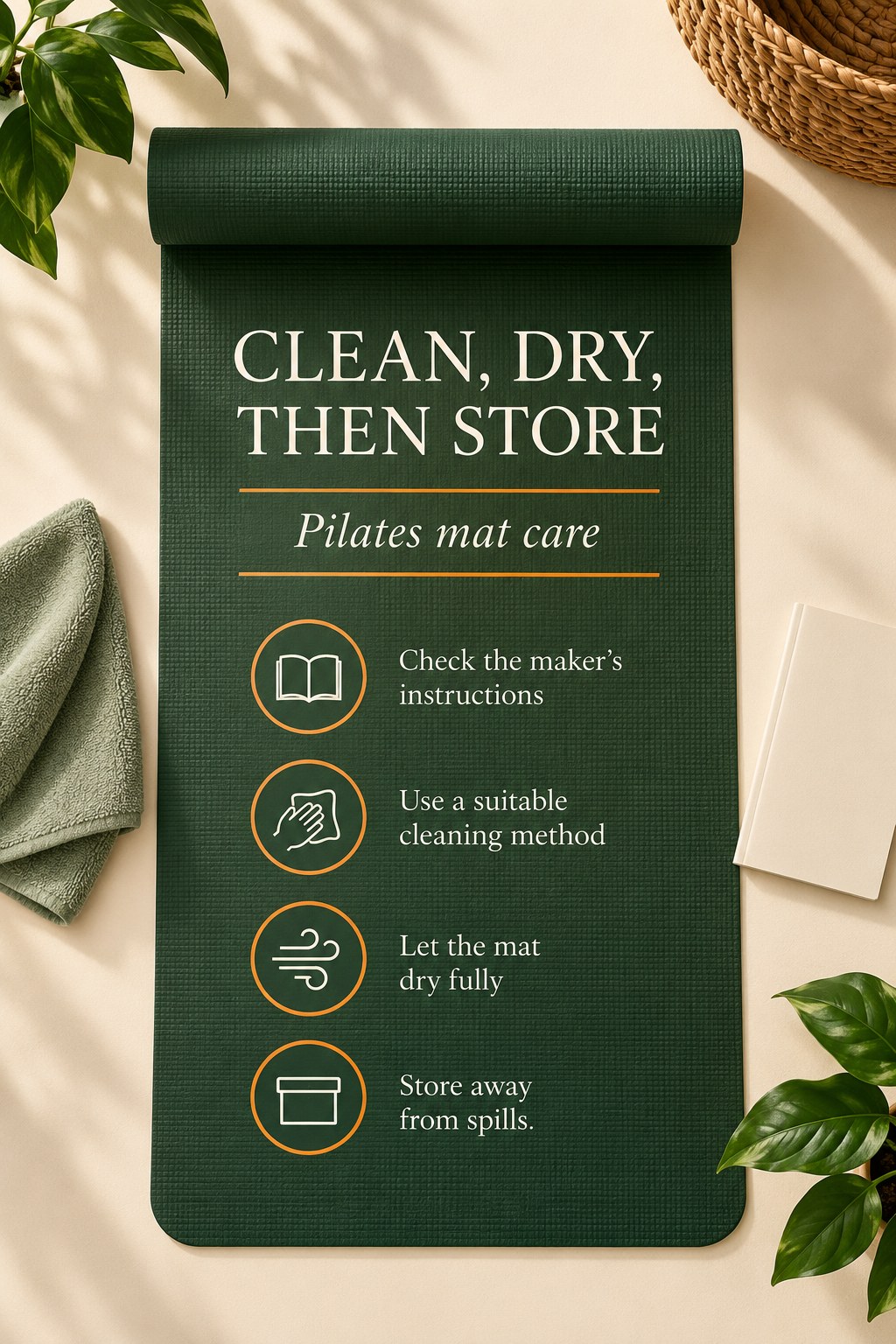 An unrolled Pilates mat beside a clean cloth in a bright uncluttered room.