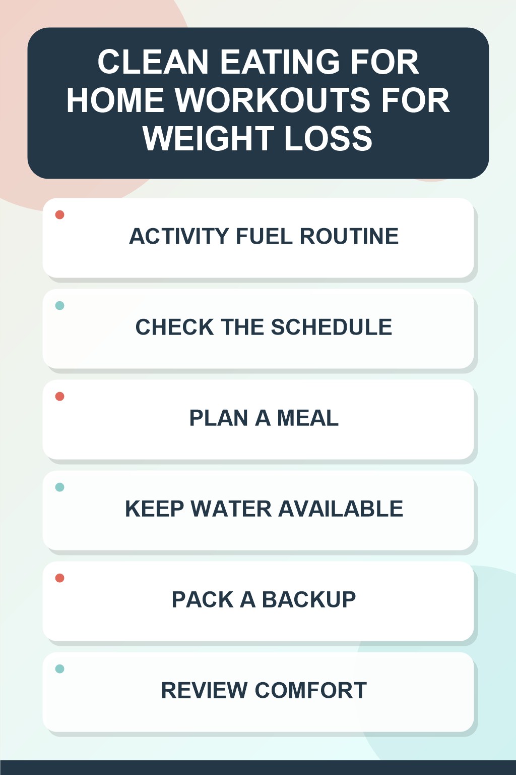Activity Fuel Routine clean eating infographic for Home Workouts for Weight Loss, showing five practical planning and preparation stages.