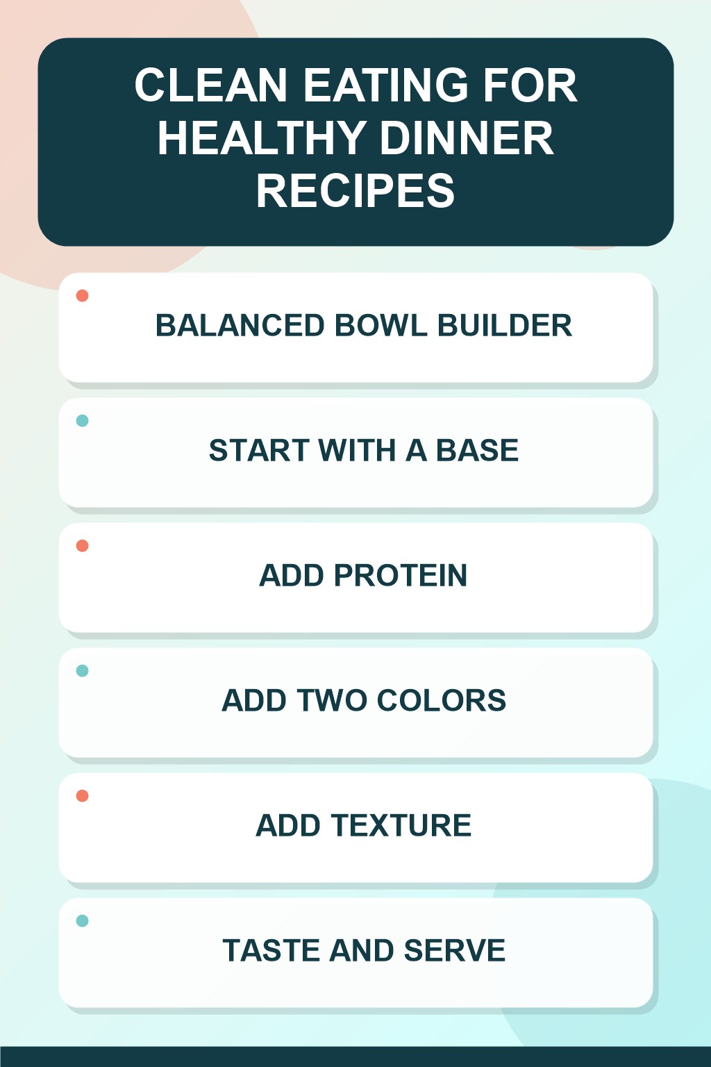 Balanced Bowl Builder clean eating infographic for Healthy Dinner Recipes, showing five practical planning and preparation stages.