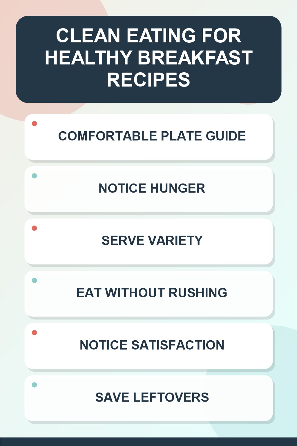 Comfortable Plate Guide clean eating infographic for Healthy Breakfast Recipes, showing five practical planning and preparation stages.