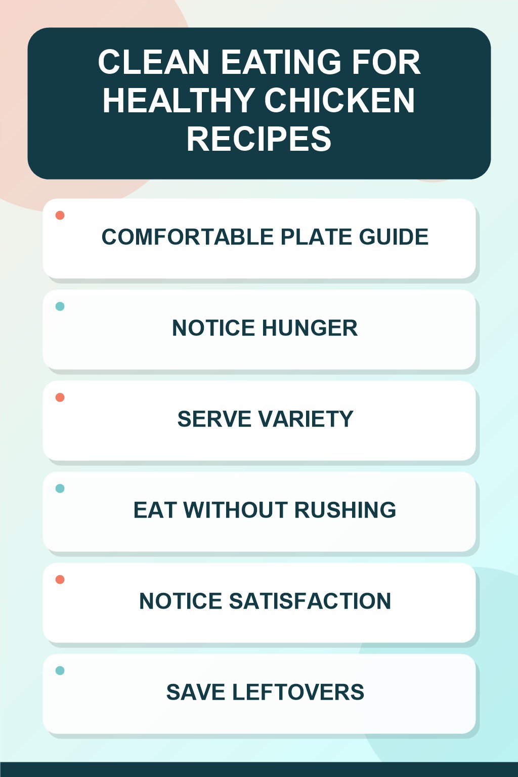 Comfortable Plate Guide clean eating infographic for Healthy Chicken Recipes, showing five practical planning and preparation stages.