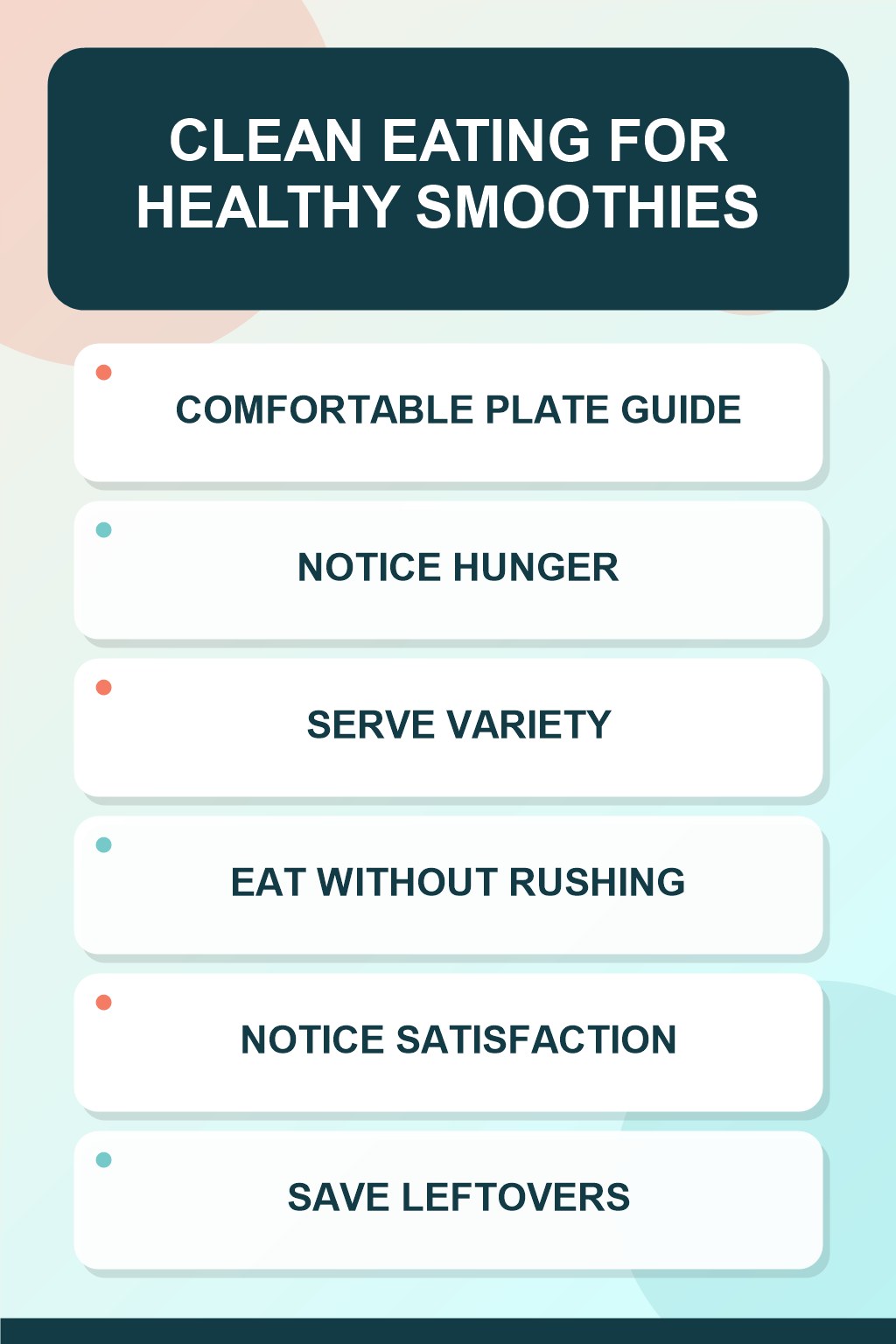Comfortable Plate Guide clean eating infographic for Healthy Smoothies, showing five practical planning and preparation stages.