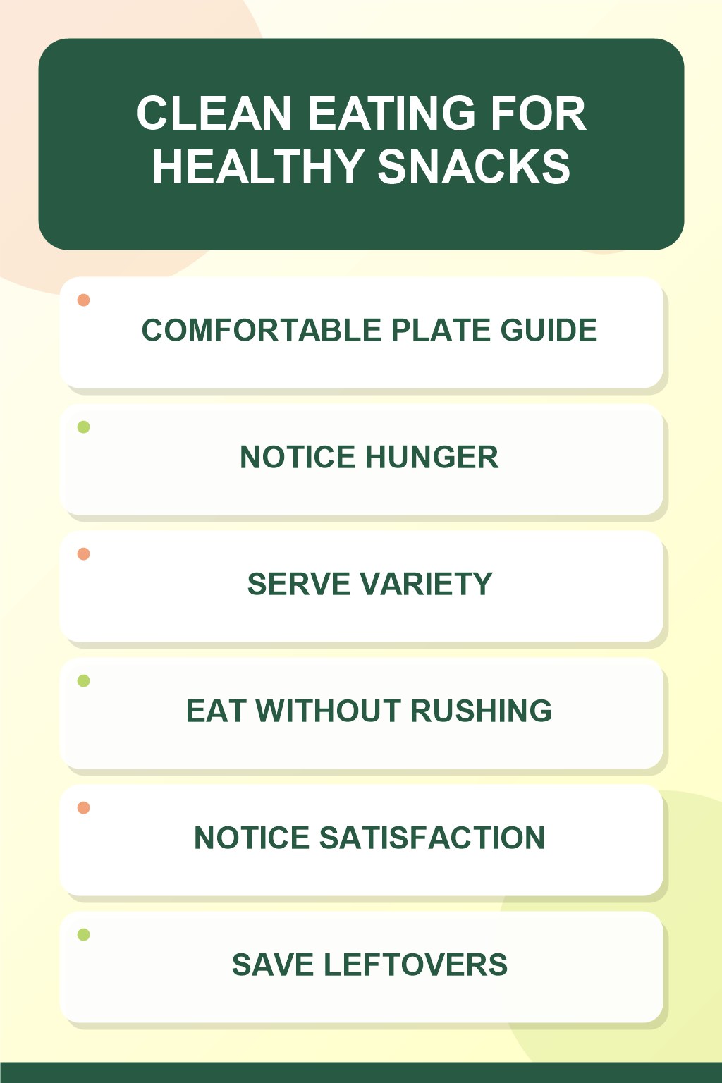 Comfortable Plate Guide clean eating infographic for Healthy Snacks, showing five practical planning and preparation stages.
