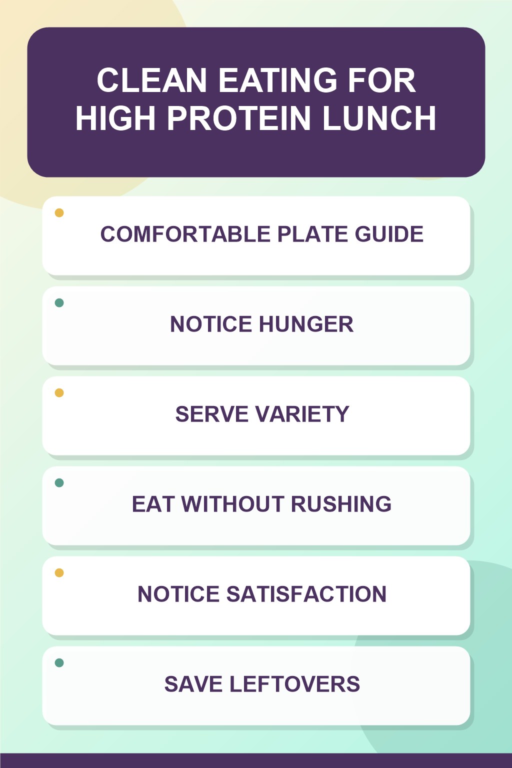 Comfortable Plate Guide clean eating infographic for High Protein Lunch, showing five practical planning and preparation stages.