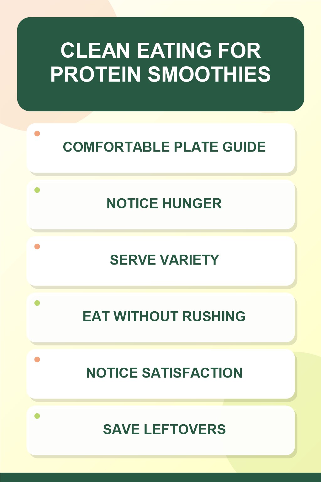 Comfortable Plate Guide clean eating infographic for Protein Smoothies, showing five practical planning and preparation stages.