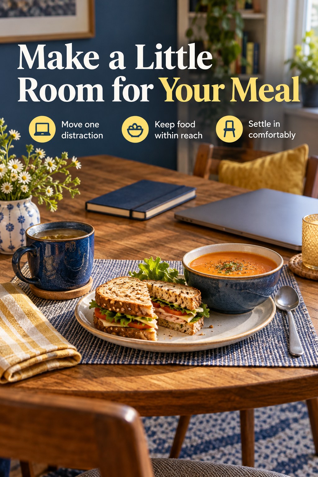 A home table with a meal, a closed notebook, and the headline Make a Little Room for Your Meal.