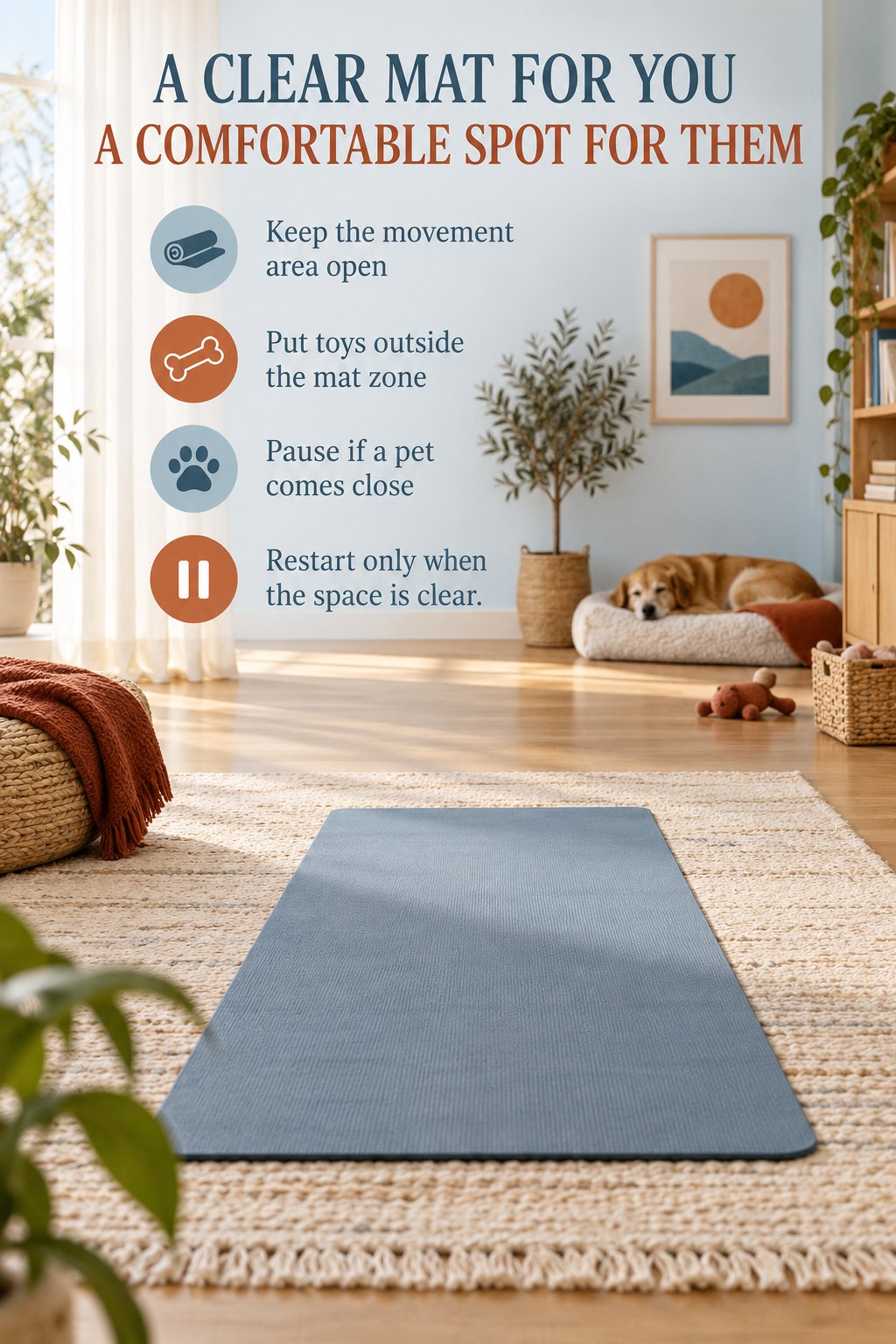 A clear Pilates mat with a dog resting on its own bed well away from the practice area.