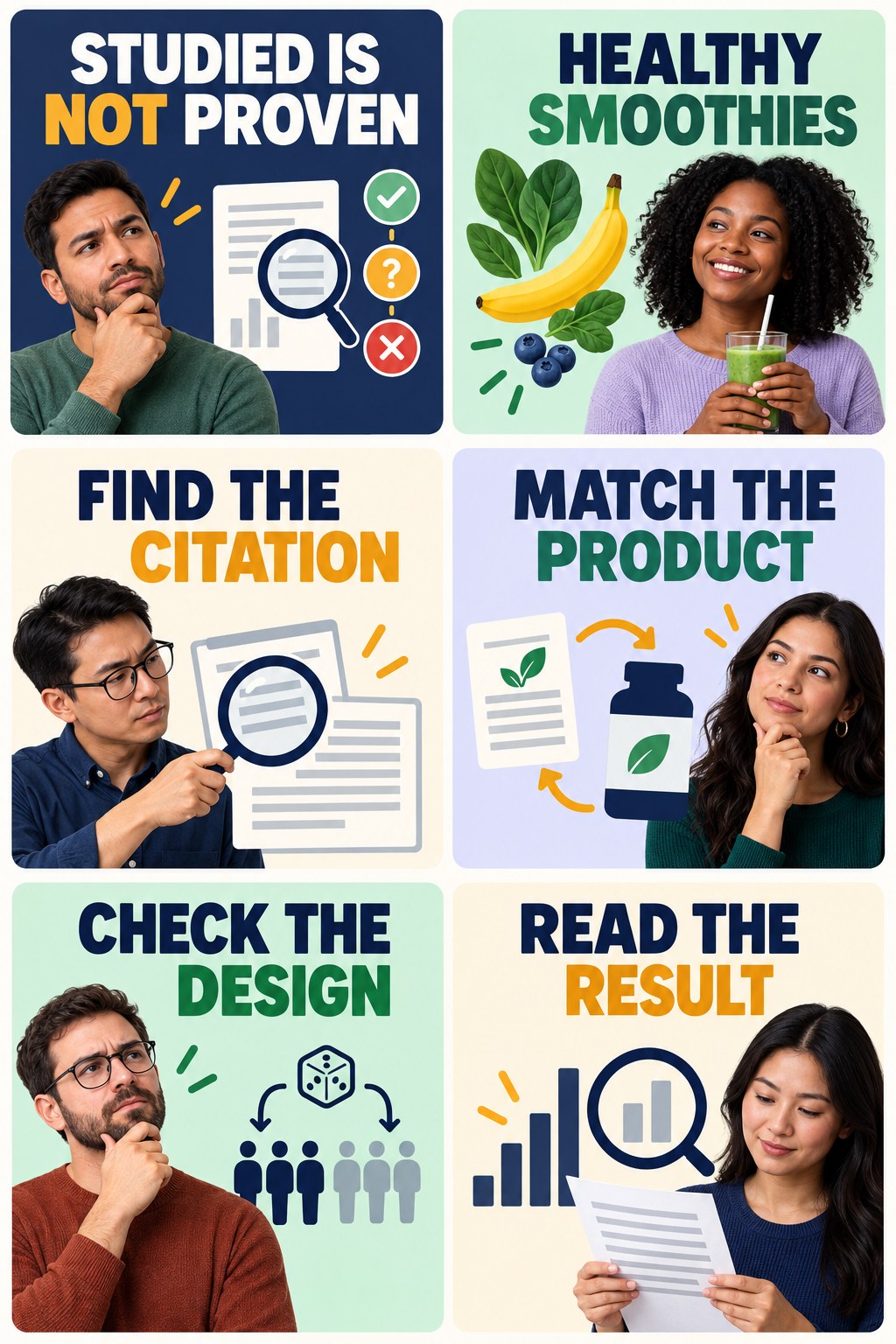 Clinically Studied Needs a Study Match evidence-literacy infographic for Healthy Smoothies with four concise claim-evaluation checks.