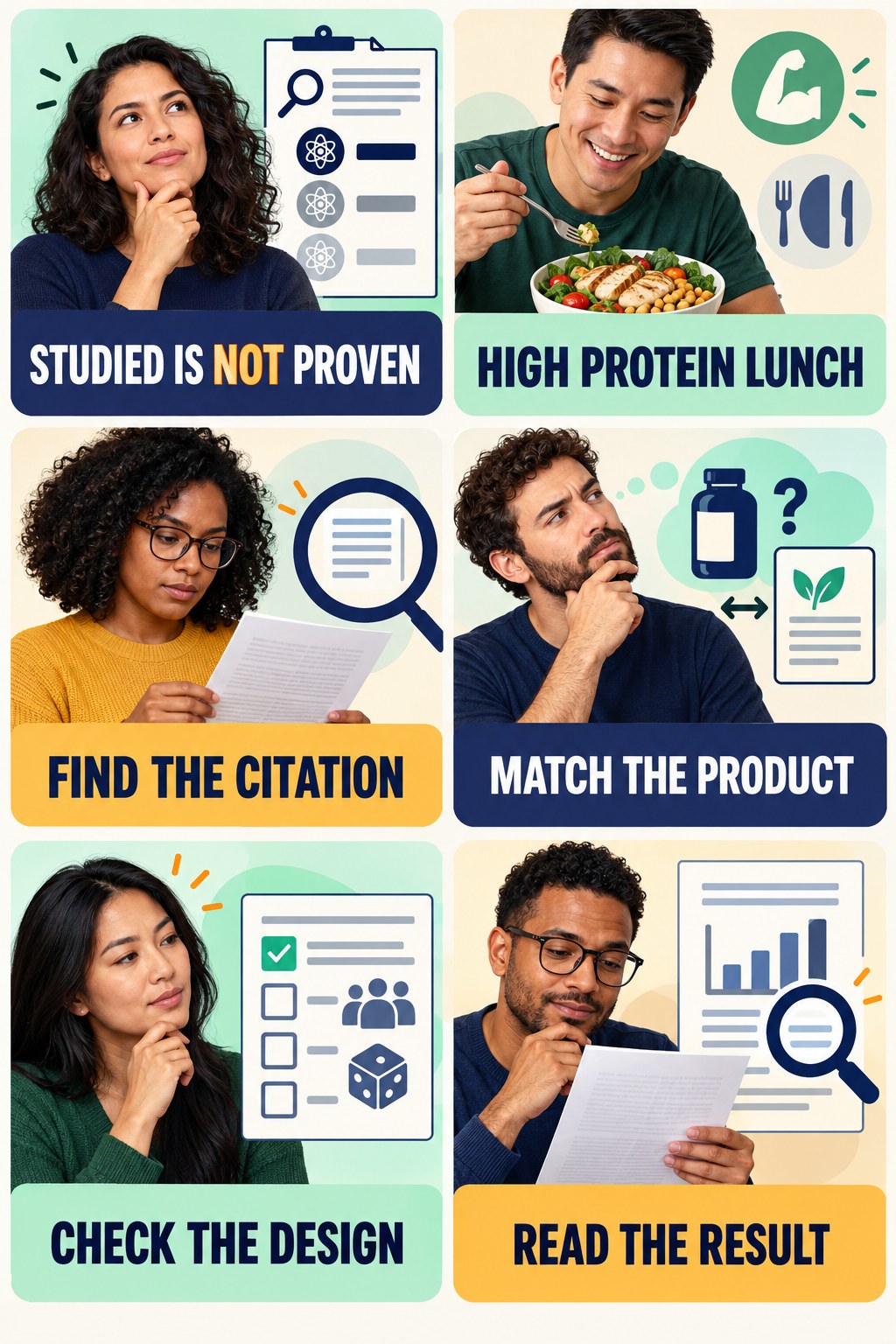 Clinically Studied Needs a Study Match evidence-literacy infographic for High Protein Lunch with four concise claim-evaluation checks.