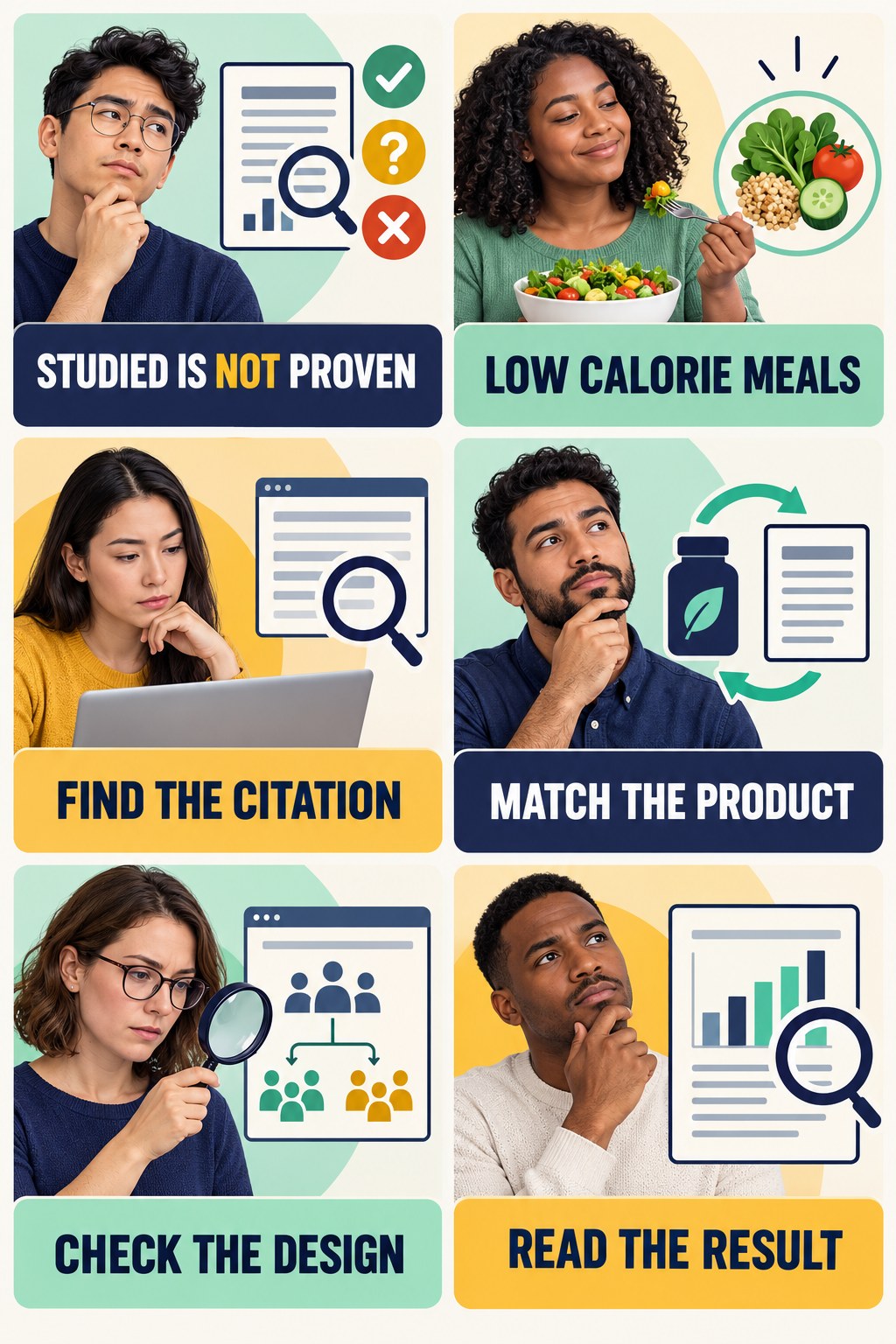 Clinically Studied Needs a Study Match evidence-literacy infographic for Low Calorie Meals with four concise claim-evaluation checks.