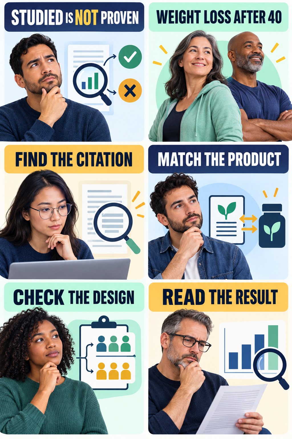 Clinically Studied Needs a Study Match evidence-literacy infographic for Weight Loss After 40 with four concise claim-evaluation checks.
