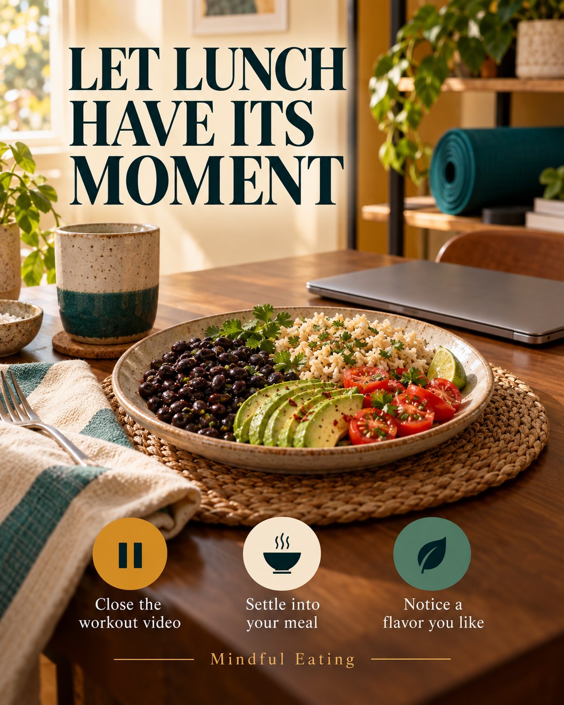 Rice and black bean lunch on a home table with a closed laptop and rolled exercise mat in the background.
