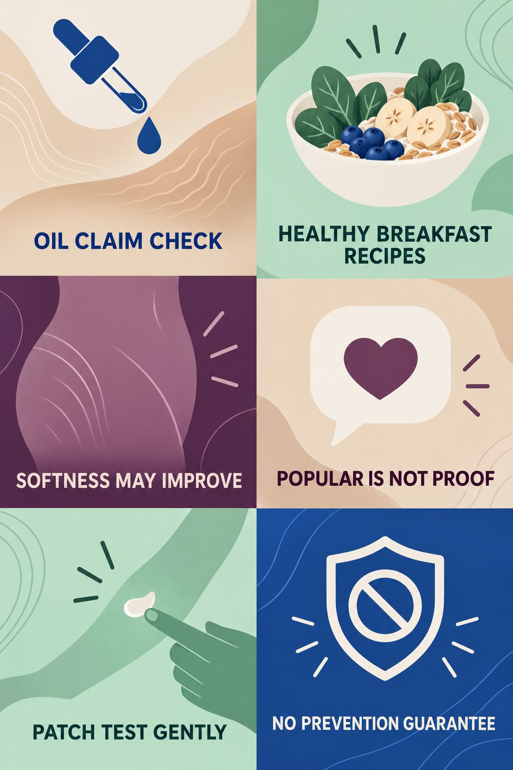 Cocoa Butter and Oil Claim Check infographic for Healthy Breakfast Recipes with four concise, body-neutral stretch-mark skincare points.