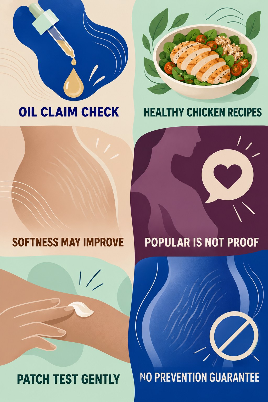 Cocoa Butter and Oil Claim Check infographic for Healthy Chicken Recipes with four concise, body-neutral stretch-mark skincare points.